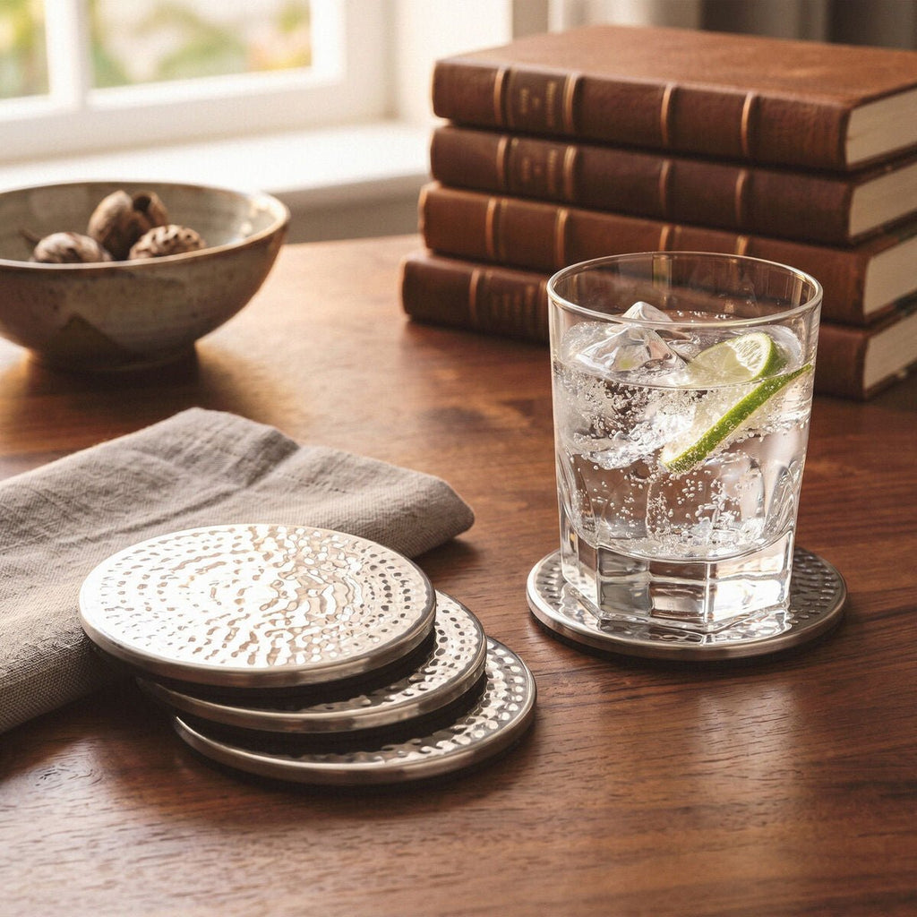 Set of Four Hammered Effect Stainless Steel Coasters | Mixology - Joe’s Haven