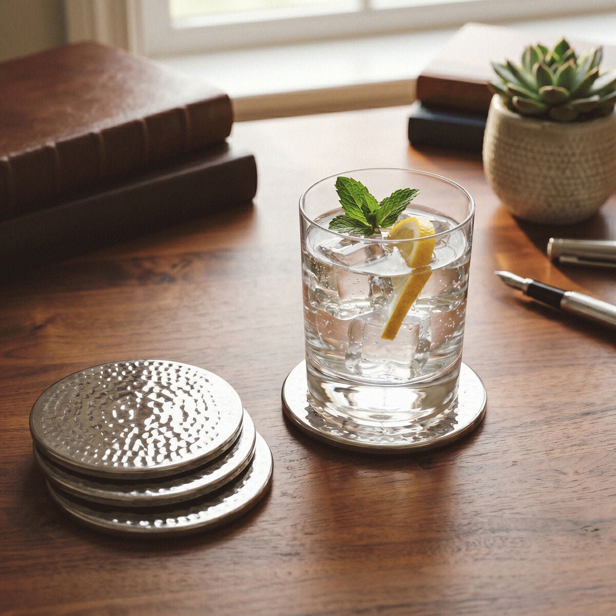 Set of Four Hammered Effect Stainless Steel Coasters | Mixology - Joe’s Haven