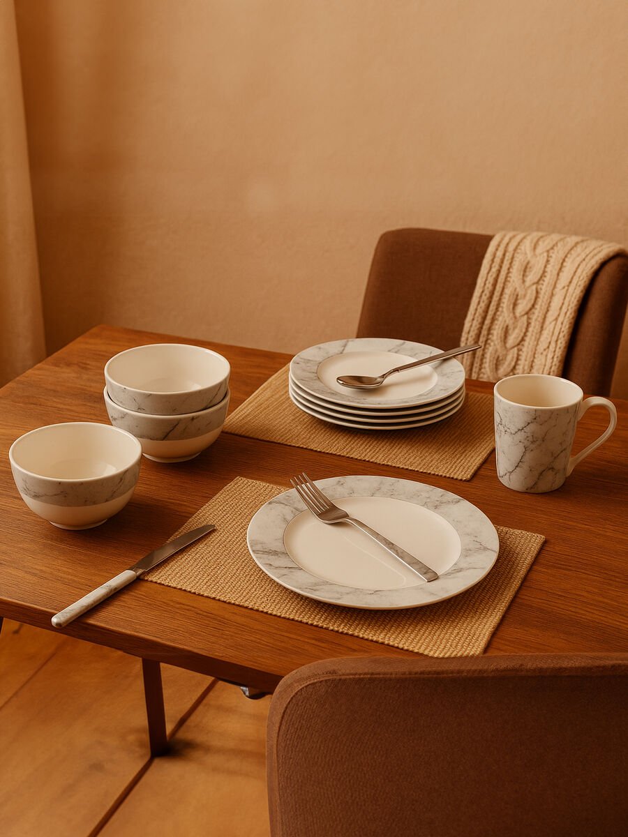 Avie 16Pc White And Grey Marble Effect Dinner Set - Joe’s Haven