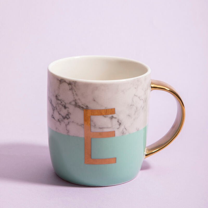 Frosted Deco Marble Effect and Pastel Green Monogram Mug, E - Joe’s Haven