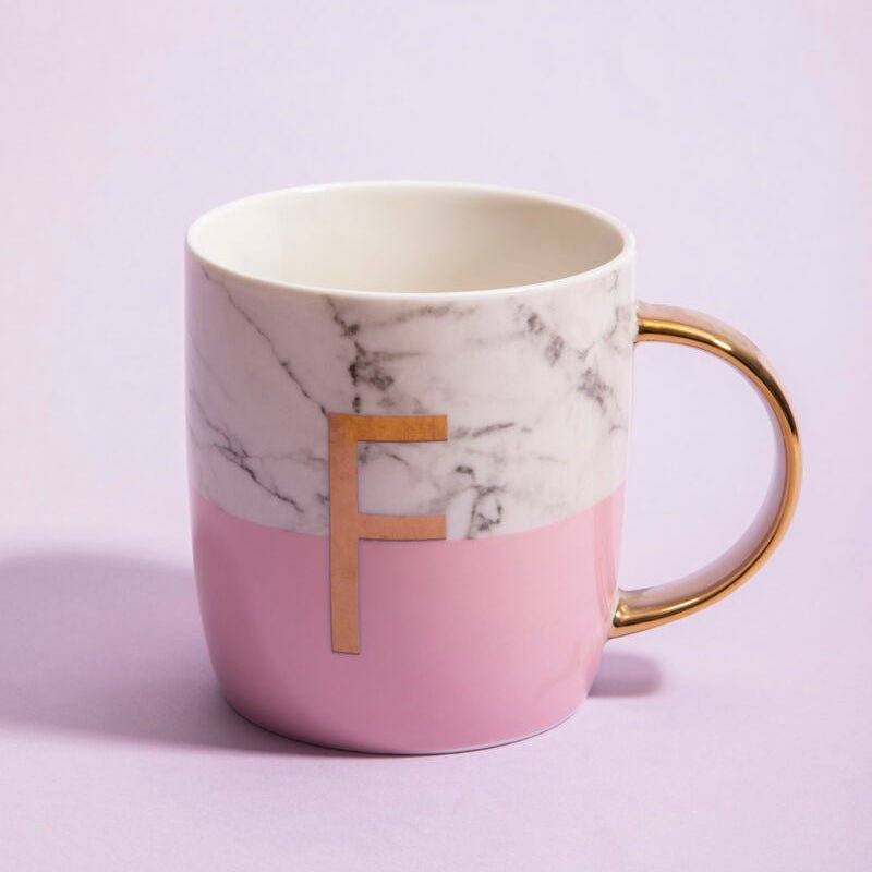 Frosted Deco Marble Effect and Pink Monogram Mug, F - Joe’s Haven