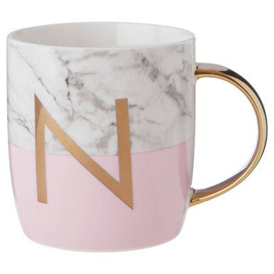 Frosted Deco Marble Effect and Pink Monogram Mug, N - Joe’s Haven