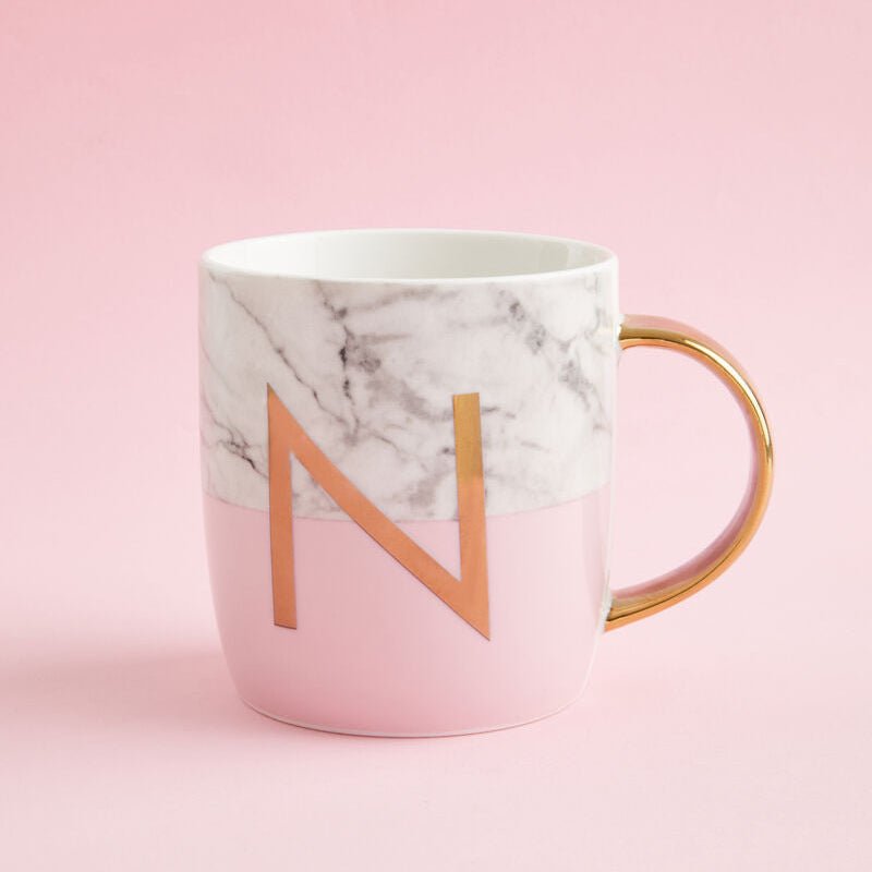 Frosted Deco Marble Effect and Pink Monogram Mug, N - Joe’s Haven