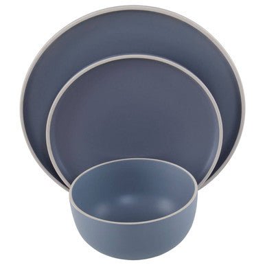 Elmira Twelve Piece Blue Stoneware Dinner Set With Grey Rim - Joe’s Haven