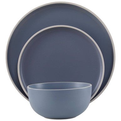 Elmira Twelve Piece Blue Stoneware Dinner Set With Grey Rim - Joe’s Haven