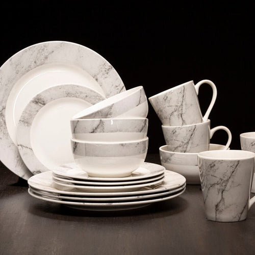 Avie 16 Piece White And Grey Marble Effect Dinner Set - Joe’s Haven