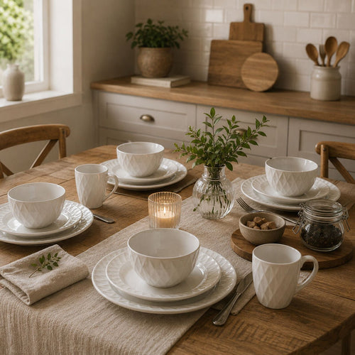 16 Piece White Embossed Dinner Set | Avie - Joe’s Haven