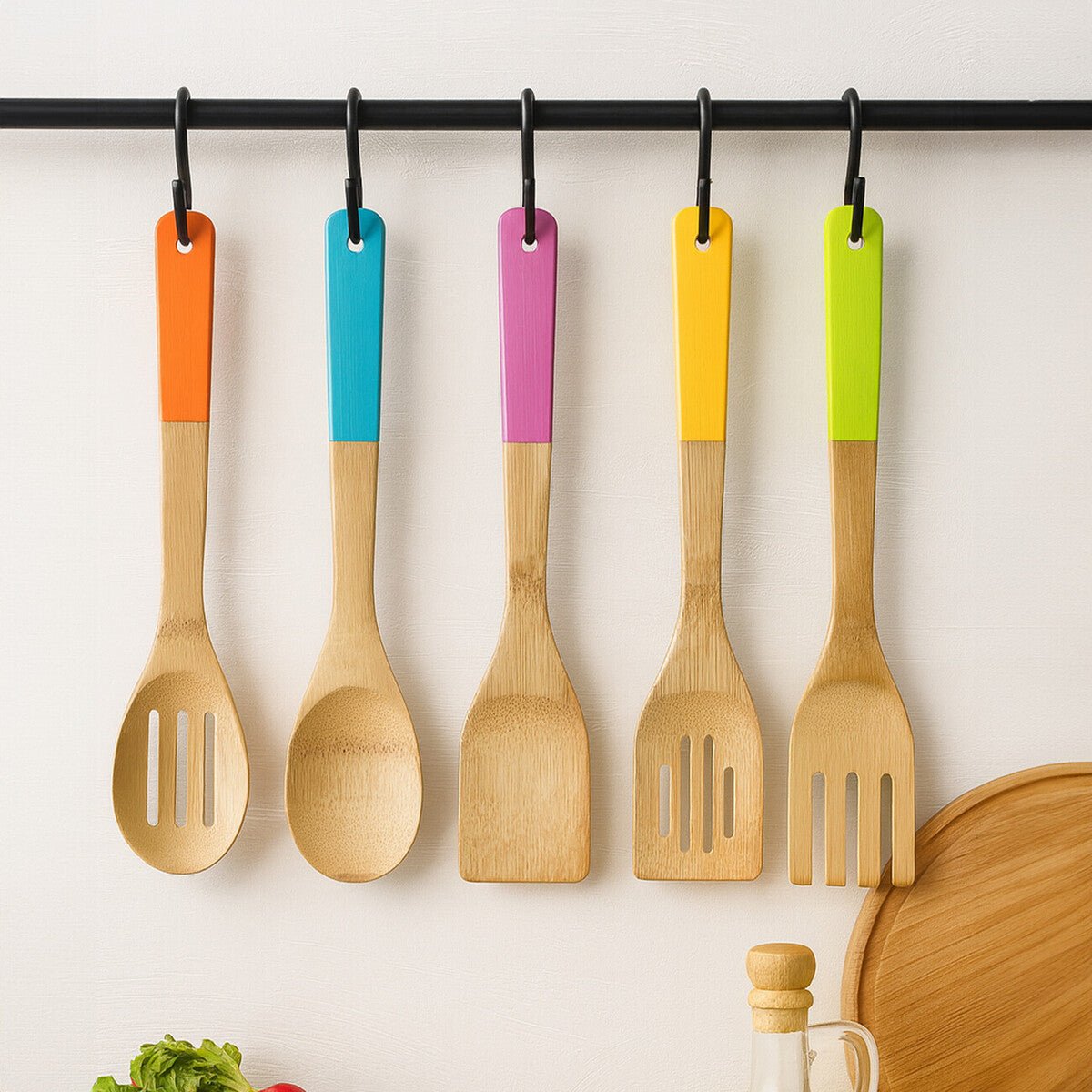 Aleki 5 Piece Bamboo Kitchen Utensil Set With Multi Colour Handles - Joe’s Haven