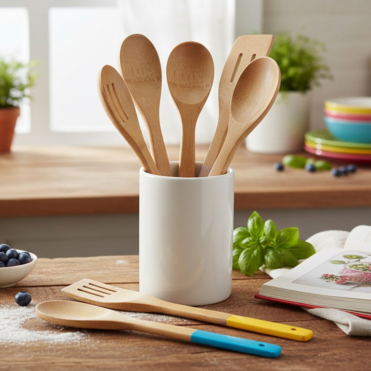 Aleki 5 Piece Bamboo Kitchen Utensil Set With Multi Colour Handles - Joe’s Haven