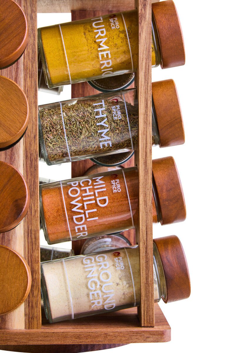 Puro Acacia Wood Revolving Spice Rack with 16 Jars - Joe’s Haven