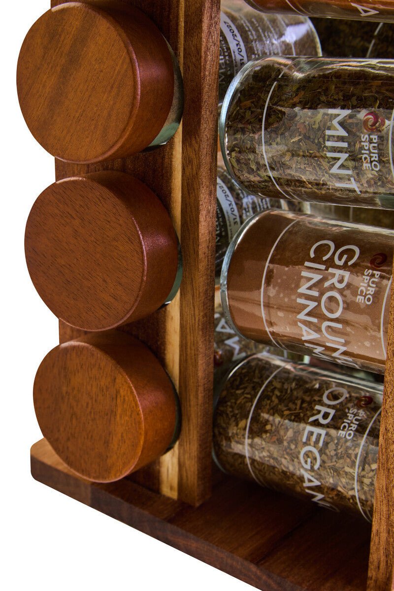 Puro Acacia Wood Revolving Spice Rack with 16 Jars - Joe’s Haven