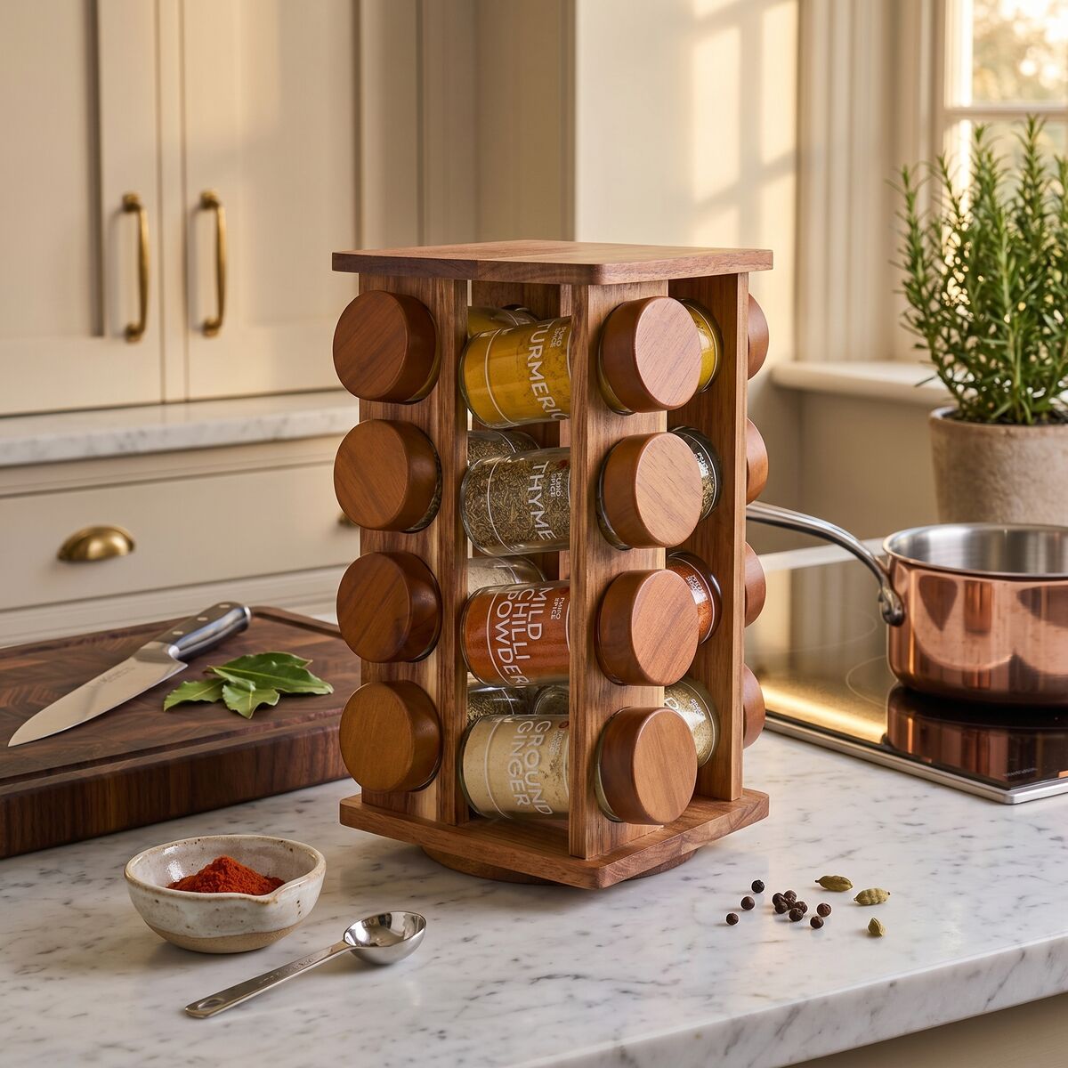 Acacia Wood Revolving Spice Rack with 16 Jars | Puro - Joe’s Haven