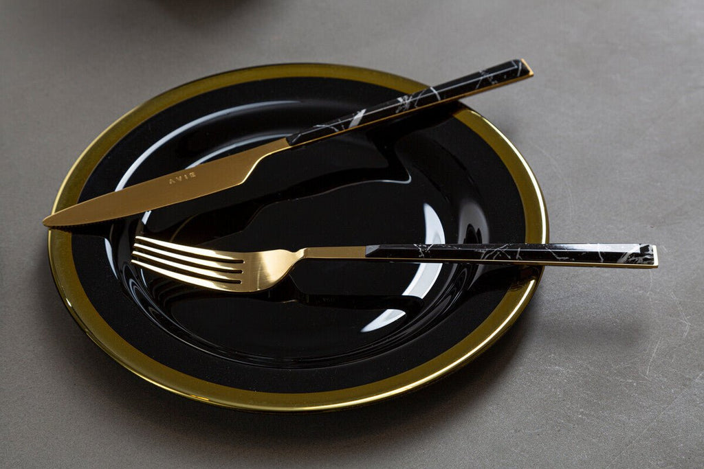 Avie 16 Piece Black Faux Marble Cutlery Set - Joe’s Haven