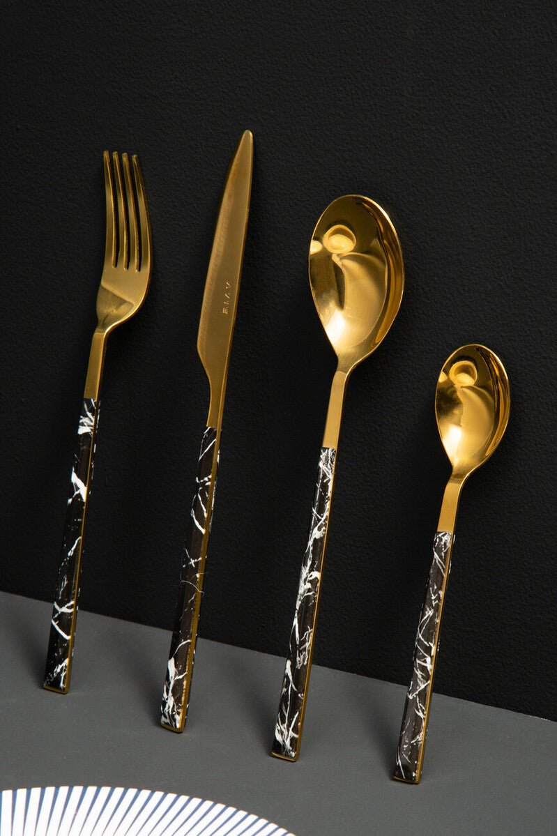 Avie 16 Piece Black Faux Marble Cutlery Set - Joe’s Haven