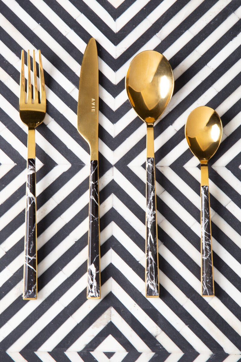 Avie 16 Piece Black Faux Marble Cutlery Set - Joe’s Haven