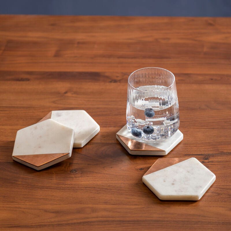 Monzaro Set Of 4 White Marble And Copper Inlay Coasters - Joe’s Haven