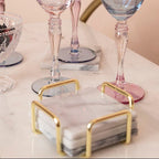 Delphine Set Of 4 White Marble Coasters With Brass Finish Holder - Joe’s Haven