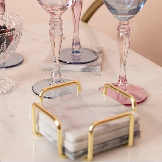 Delphine Set Of 4 White Marble Coasters With Brass Finish Holder - Joe’s Haven