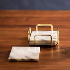 Delphine Set Of 4 White Marble Coasters With Brass Finish Holder - Joe’s Haven