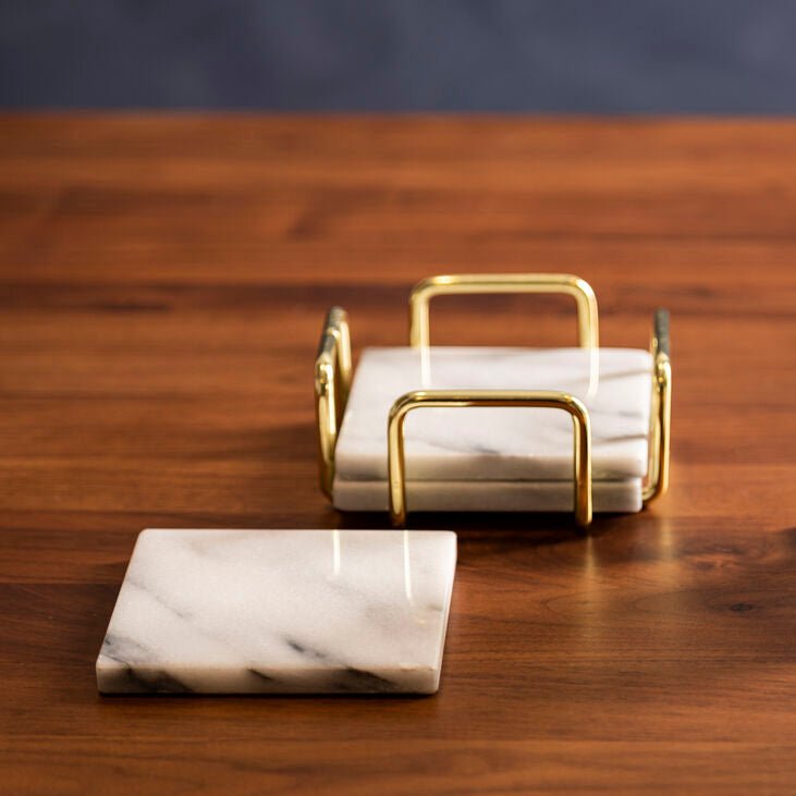 Delphine Set Of 4 White Marble Coasters With Brass Finish Holder - Joe’s Haven