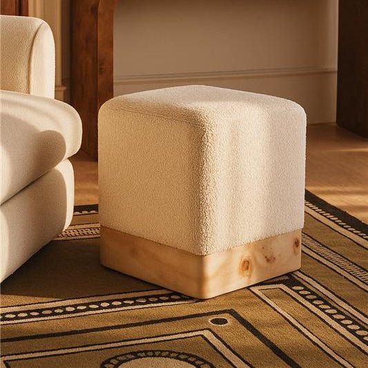 Mota Burl Wood And Cream Boucle Square Stool - Joe’s Haven