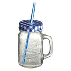 Embossed Mason Square Jar Mug With Blue Gingham Lid - Joe’s Haven