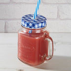 Embossed Mason Square Jar Mug With Blue Gingham Lid - Joe’s Haven