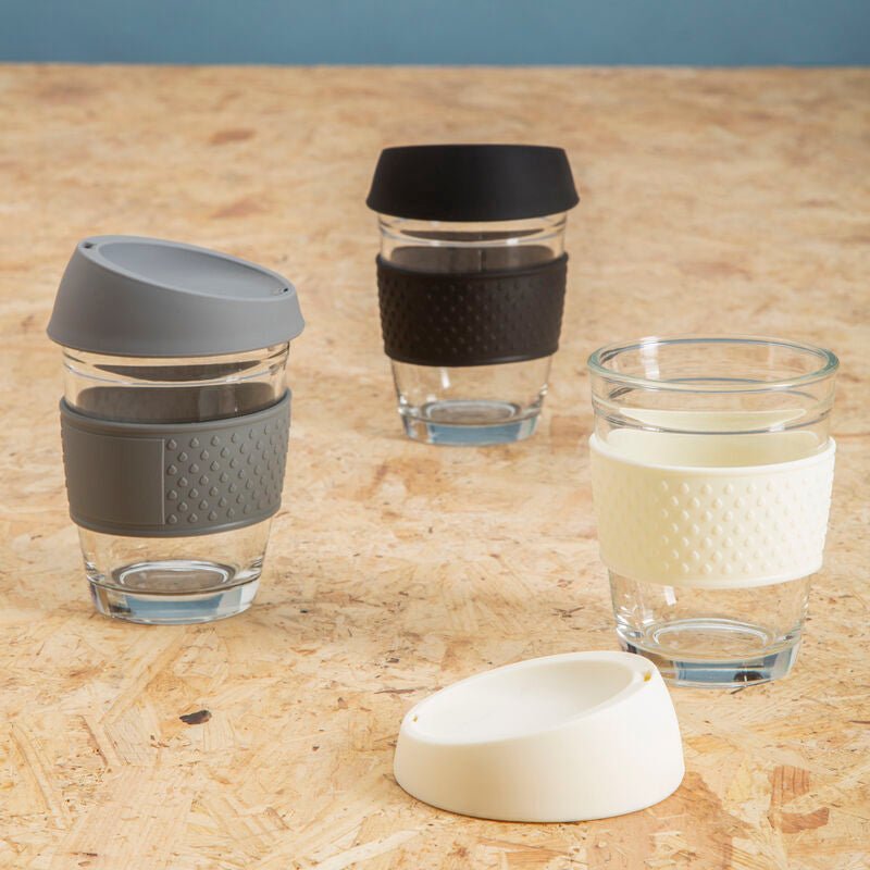 Mimo Glass Mug With Grey Silicone Band Lid - Joe’s Haven