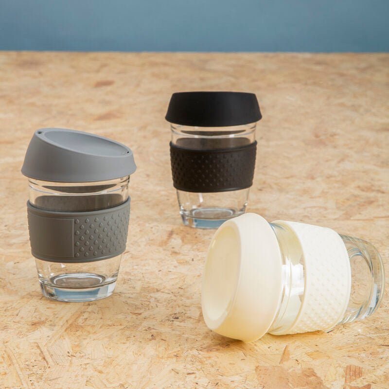 Mimo Glass Mug With Cream Silicone Band Lid - Joe’s Haven