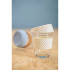 Mimo Glass Mug With Cream Silicone Band Lid - Joe’s Haven