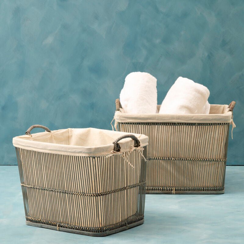 Ezell Washed Grey Rattan and Bamboo Set Of 2 Storage Baskets - Joe’s Haven