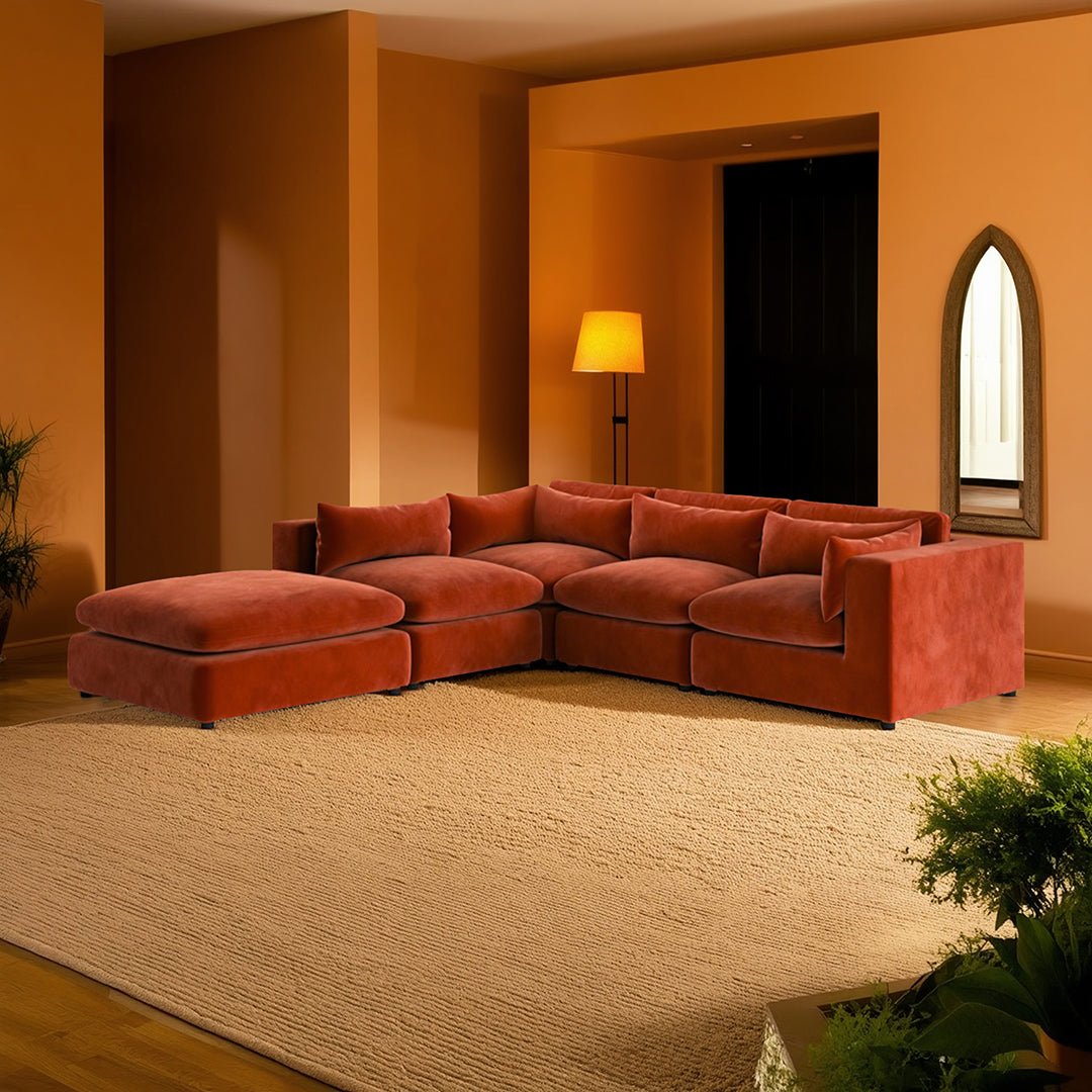 Ranjan Three Seater Corner Sofa, Red Velvet - Joe’s Haven