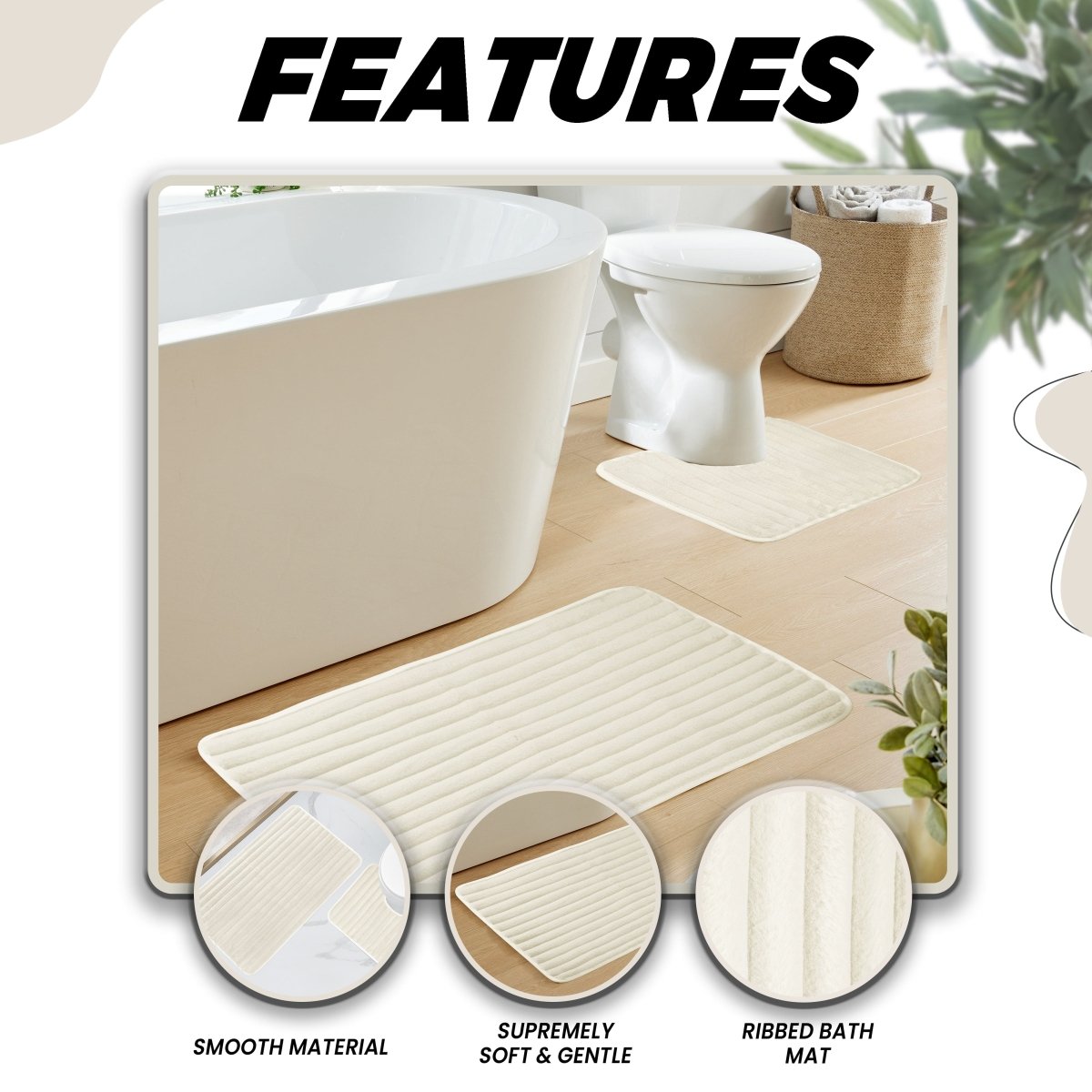 2 Piece Ribbed Bath Mat Set - Cream - Joe’s Haven