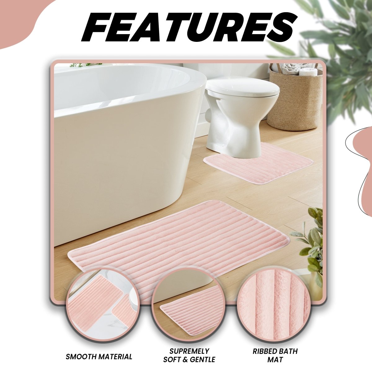 2 Piece Ribbed Bath Mat Set - Pink - Joe’s Haven