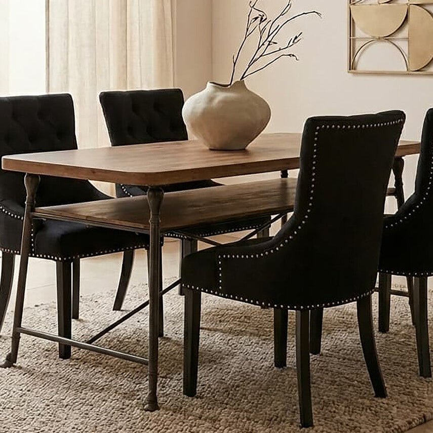 Natural Fir Wood Top Industrial Dining Table with Lower Shelf and Black Metallic Legs, Foundry - Joe’s Haven
