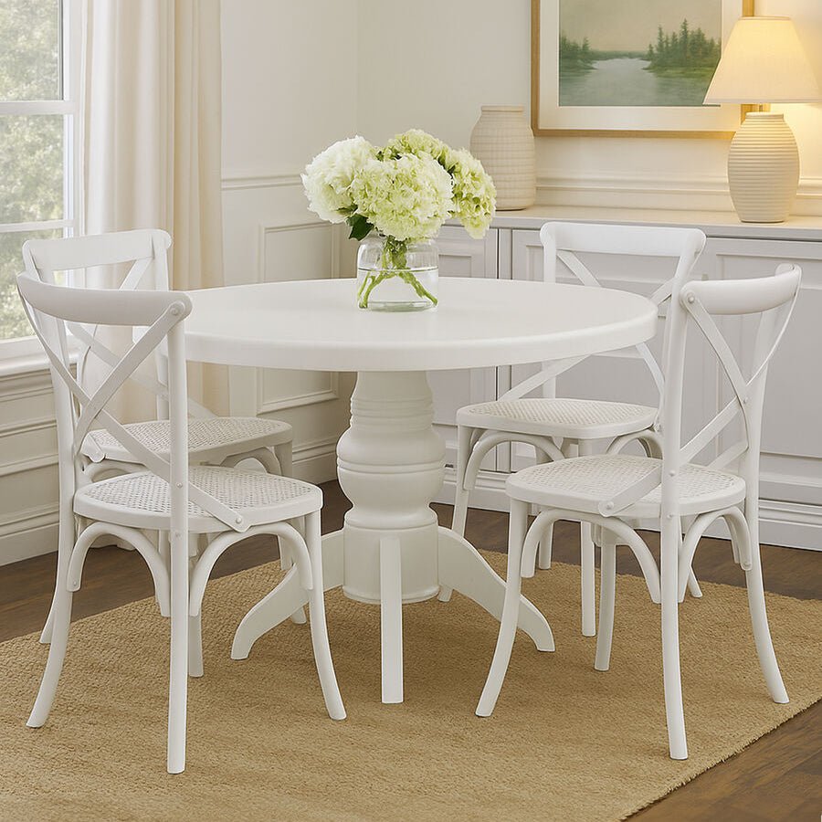 Vermont White Wash Round Dining Table with 4 Chairs Set - Joe’s Haven