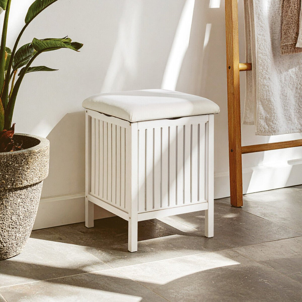 Salon White Bathroom Storage Stool with padded seat - Joe’s Haven
