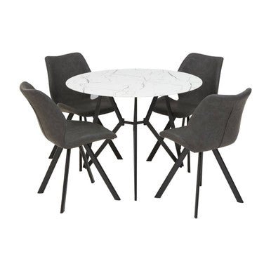 White Round Marble Effect Top and Grey Meta Frame Dining Table with Grey 6 Chairs Set, Weston - Joe’s Haven