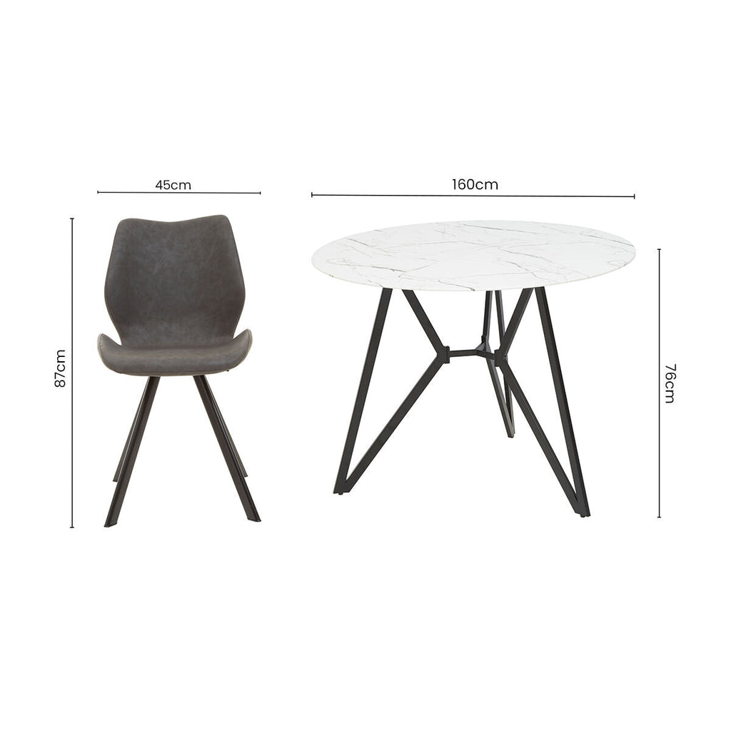 White Round Marble Effect Top and Grey Meta Frame Dining Table with Grey 6 Chairs Set, Weston - Joe’s Haven