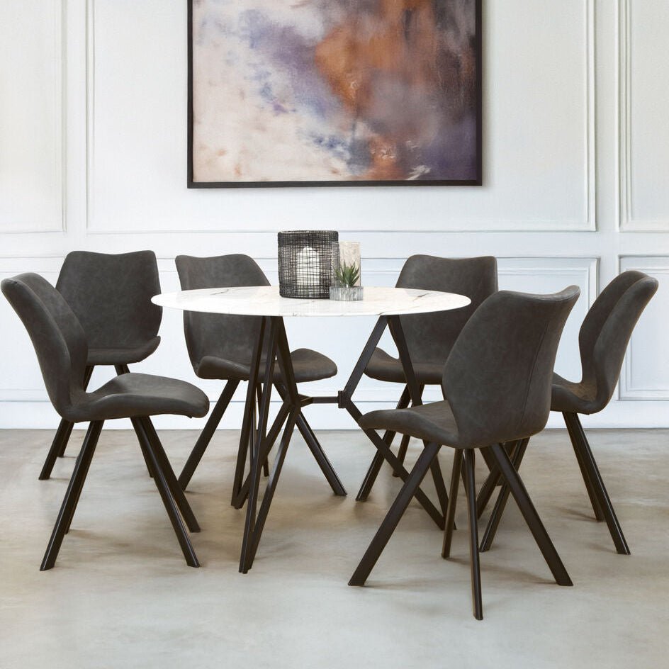 White Round Marble Effect Top and Grey Meta Frame Dining Table with Grey 6 Chairs Set, Weston - Joe’s Haven