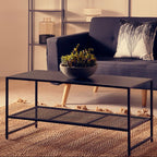 Black Powder Coated Metal Coffee Table with Open Storage Mesh Shelf, Acero - Joe’s Haven