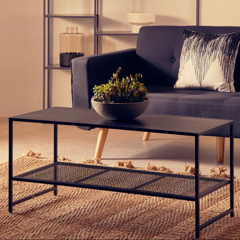 Black Powder Coated Metal Coffee Table with Open Storage Mesh Shelf, Acero - Joe’s Haven