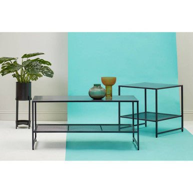 Black Powder Coated Metal Coffee Table with Open Storage Mesh Shelf, Acero - Joe’s Haven