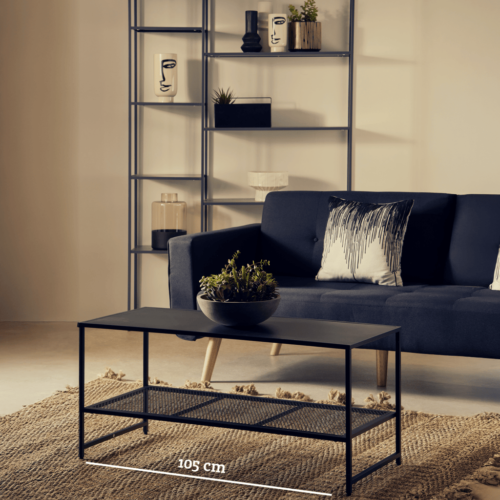 Black Powder Coated Metal Coffee Table with Open Storage Mesh Shelf, Acero - Joe’s Haven