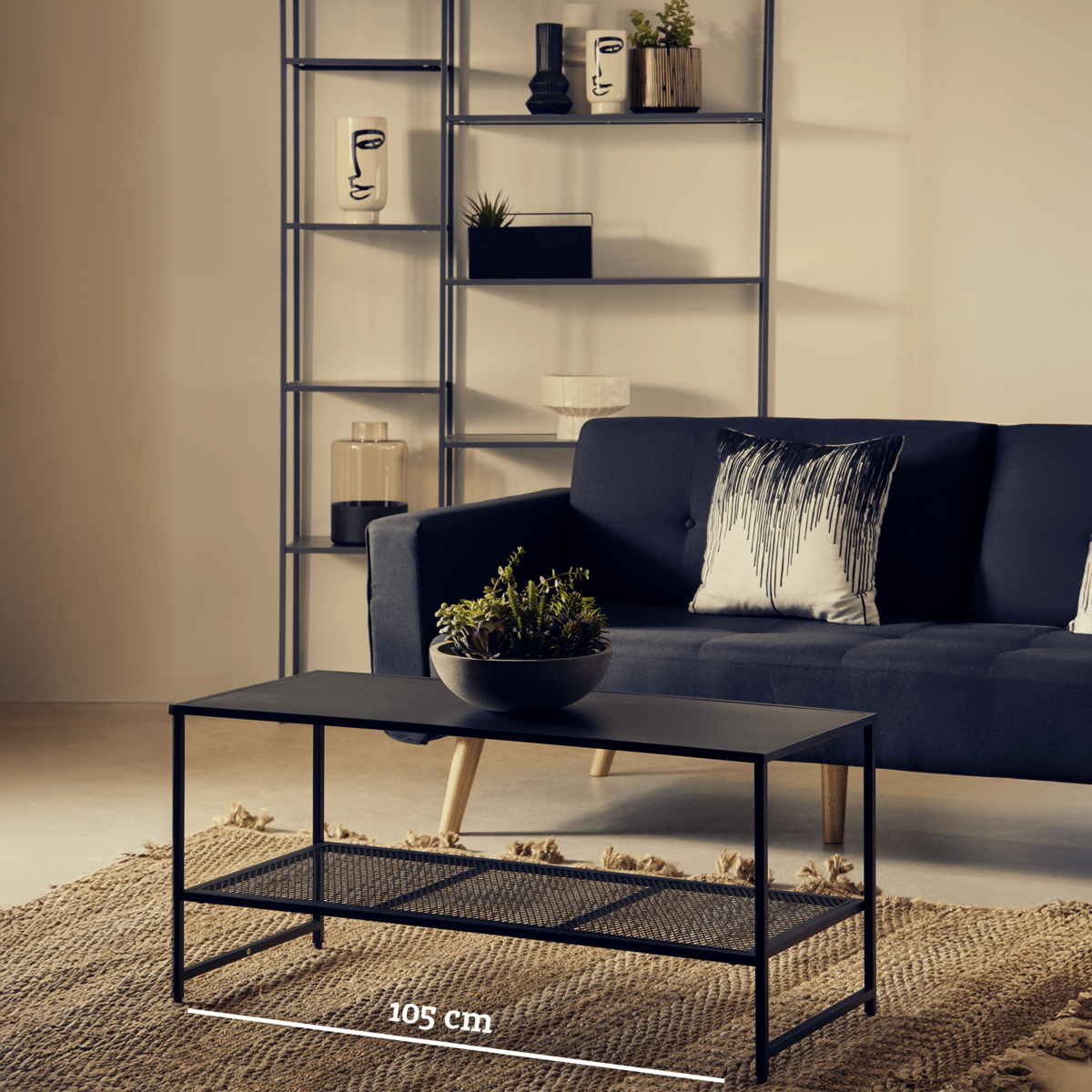 Black Powder Coated Metal Coffee Table with Open Storage Mesh Shelf, Acero - Joe’s Haven