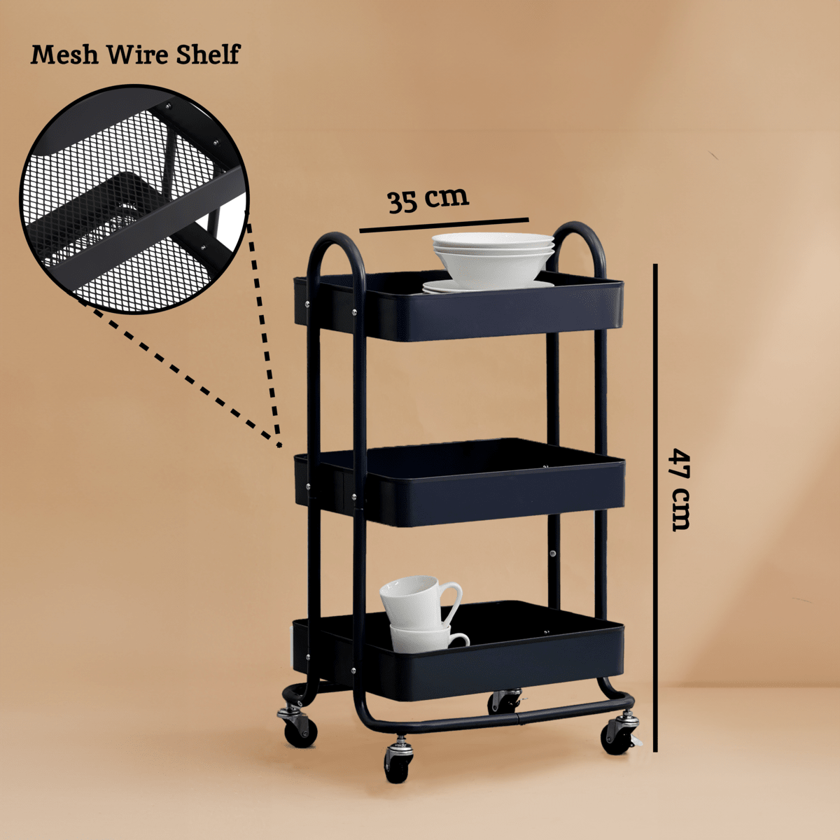 Acero Three Tier Black Metal Trolley - Joe’s Haven