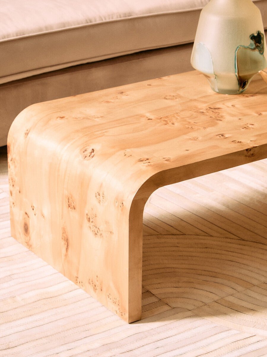 Natural Burl Wood Curved Coffee Table with Smooth Curved Edges, Mota - Joe’s Haven
