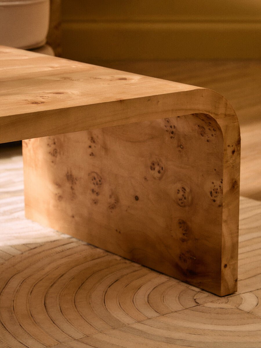 Natural Burl Wood Curved Coffee Table with Smooth Curved Edges, Mota - Joe’s Haven