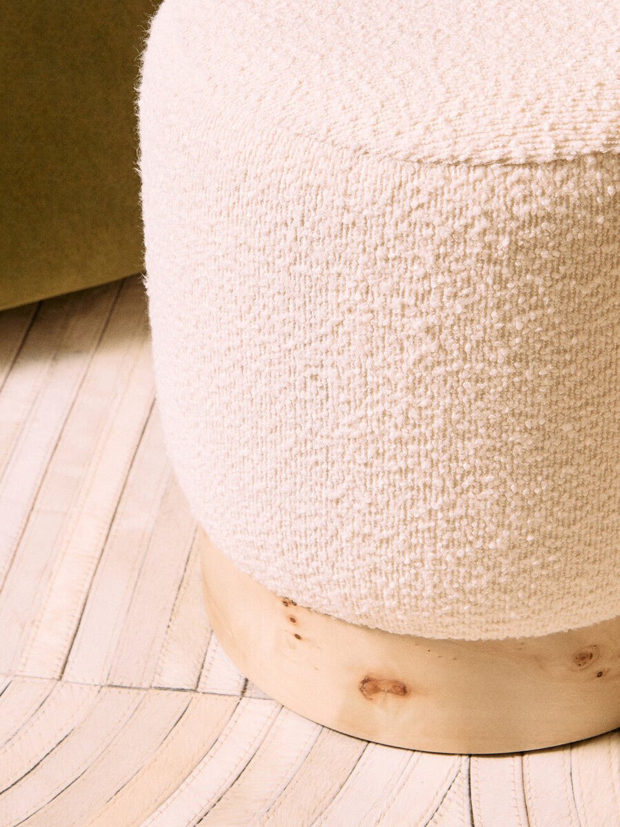 Mota Burl Wood And Cream Boucle Round Stool - Joe’s Haven