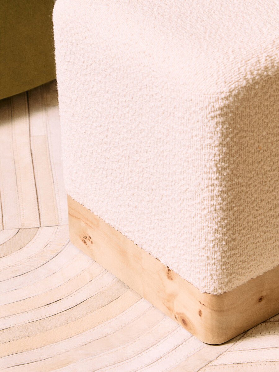 Mota Burl Wood And Cream Boucle Square Stool - Joe’s Haven